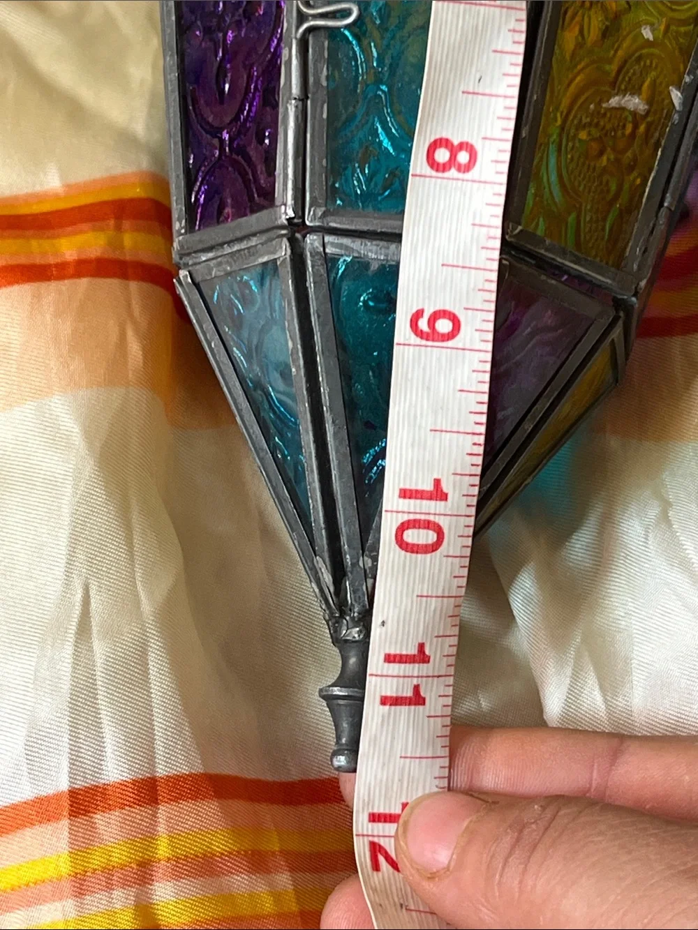 Antique Multicolor Stained Glass Hanging Lantern - Teal, Purple, Gold
